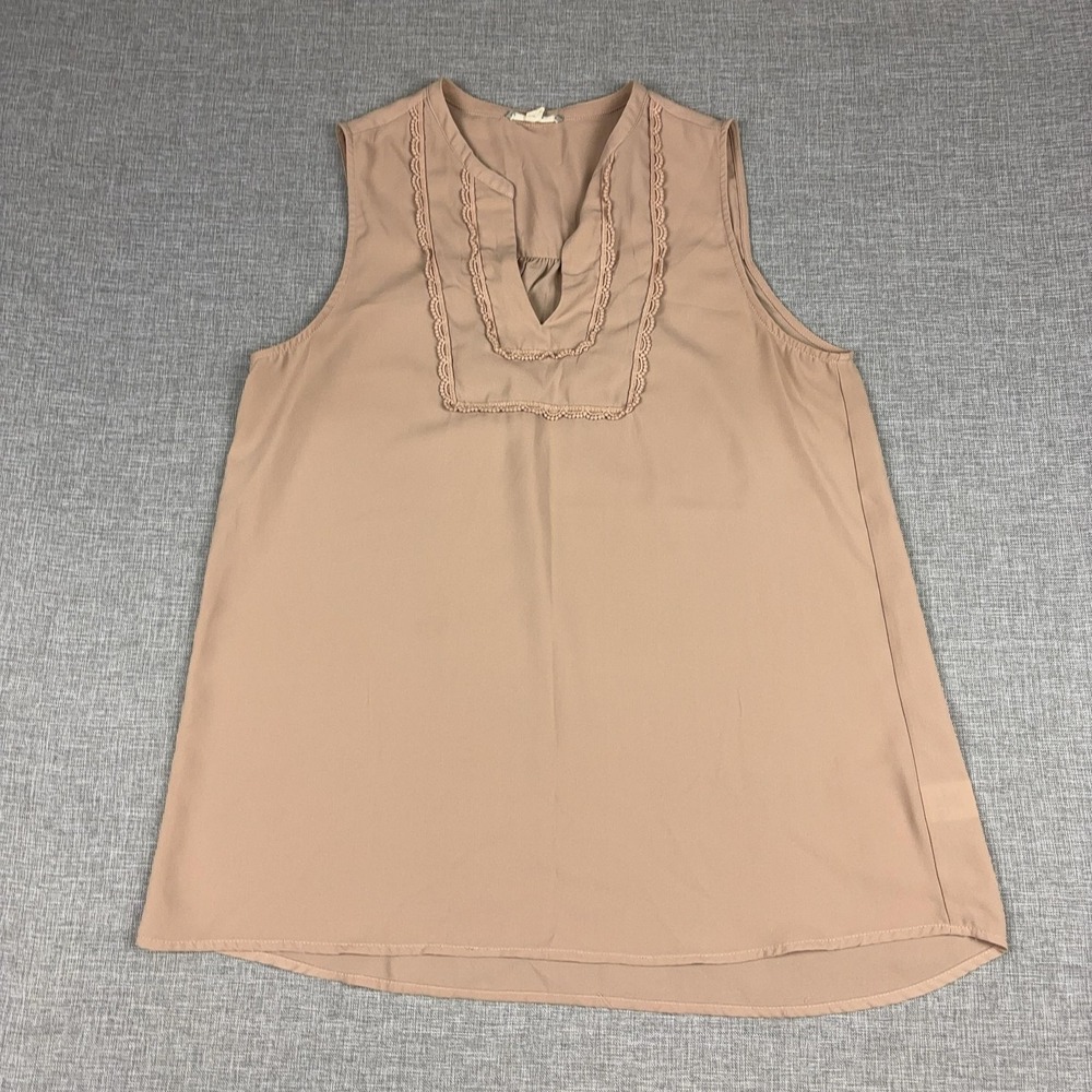 Pleione Blouse Womens S Beige V-Neck Sleeveless Tunic Lace Trim Anthropologie